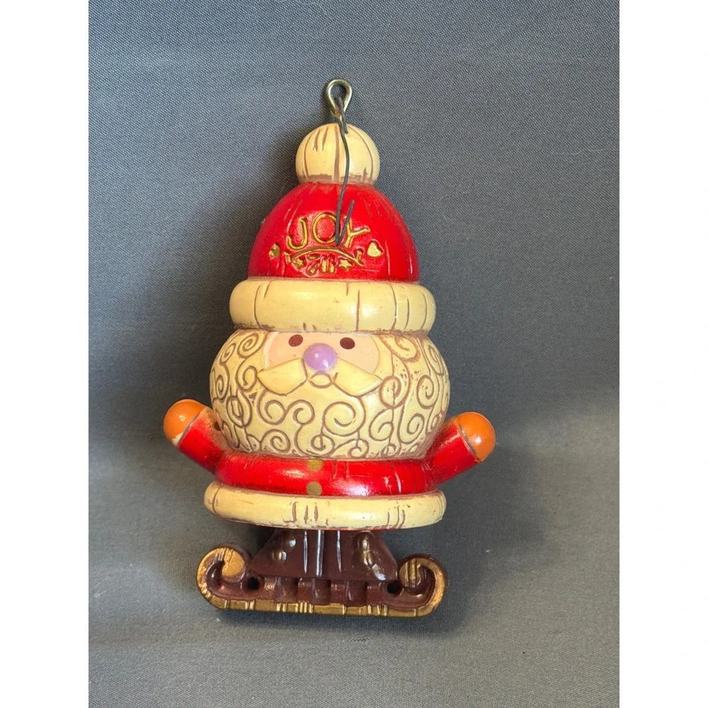 Vintage Hallmark Santa Sleigh Ornament Red Joy Hat Swirl Beard Christmas Decor